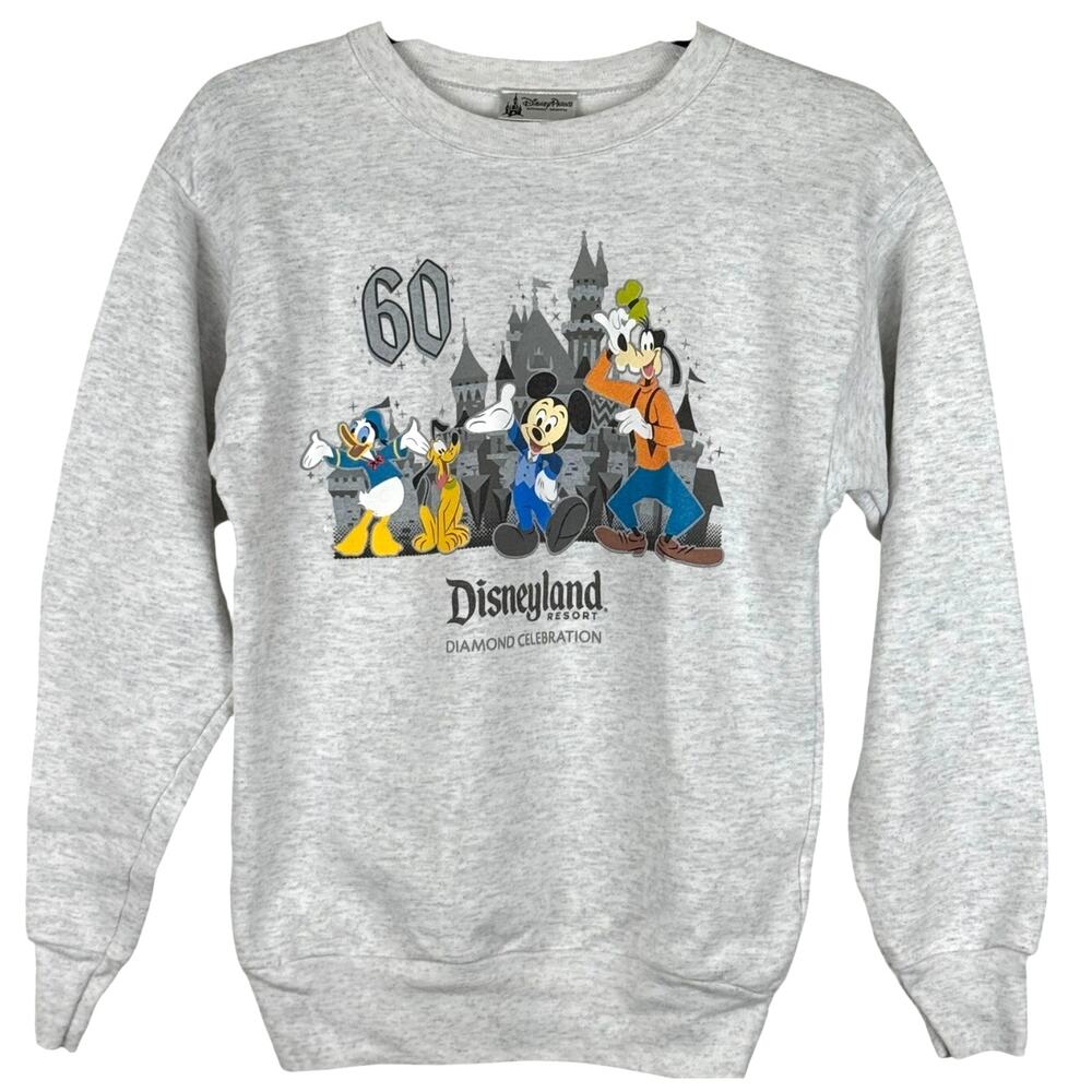 Kid Disneyland 60 Anniversary Fleece Lined Gray Crew Neck Sweater Large NEW